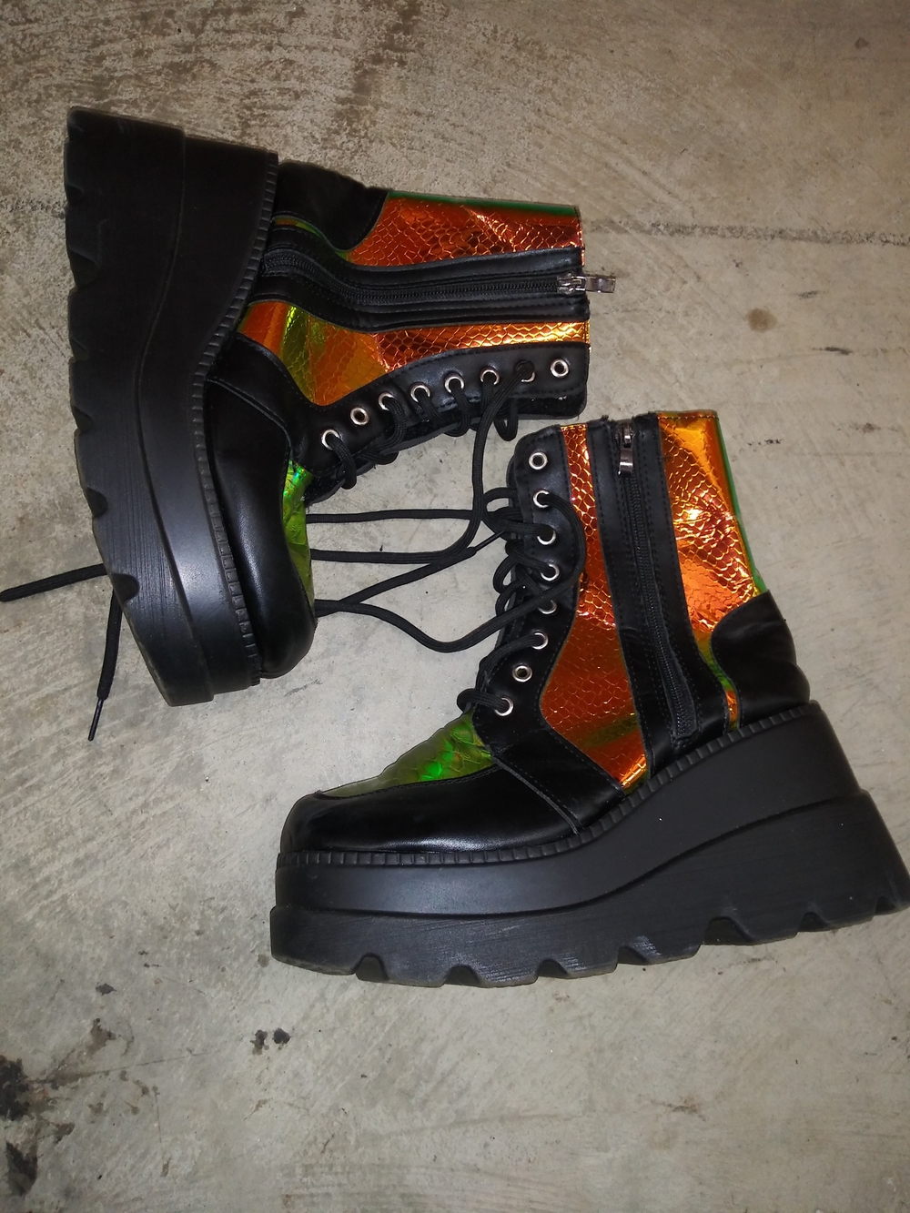 Platform Combat Boots with Iridescent Orange-Green Panels
